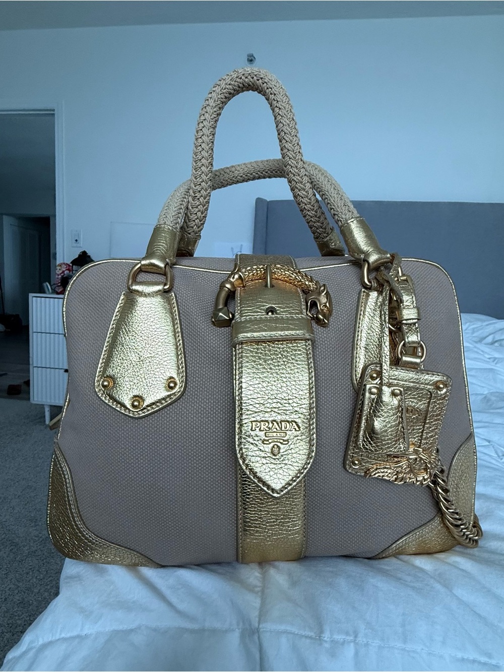 Prada Beige Canvas Satchel Animalier with Gold Metallic Trim